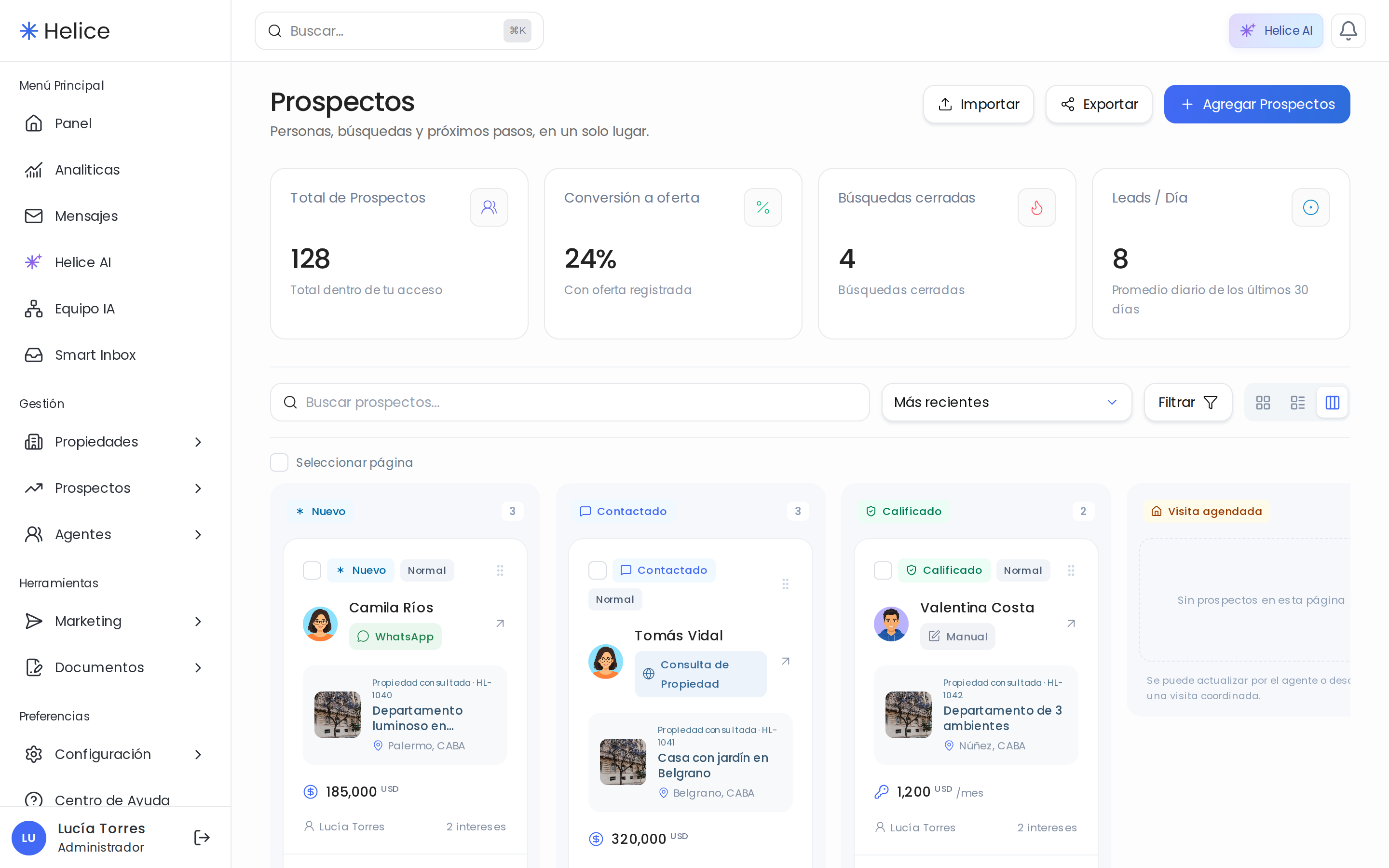 Tablero de prospectos y etapas comerciales de Colegas